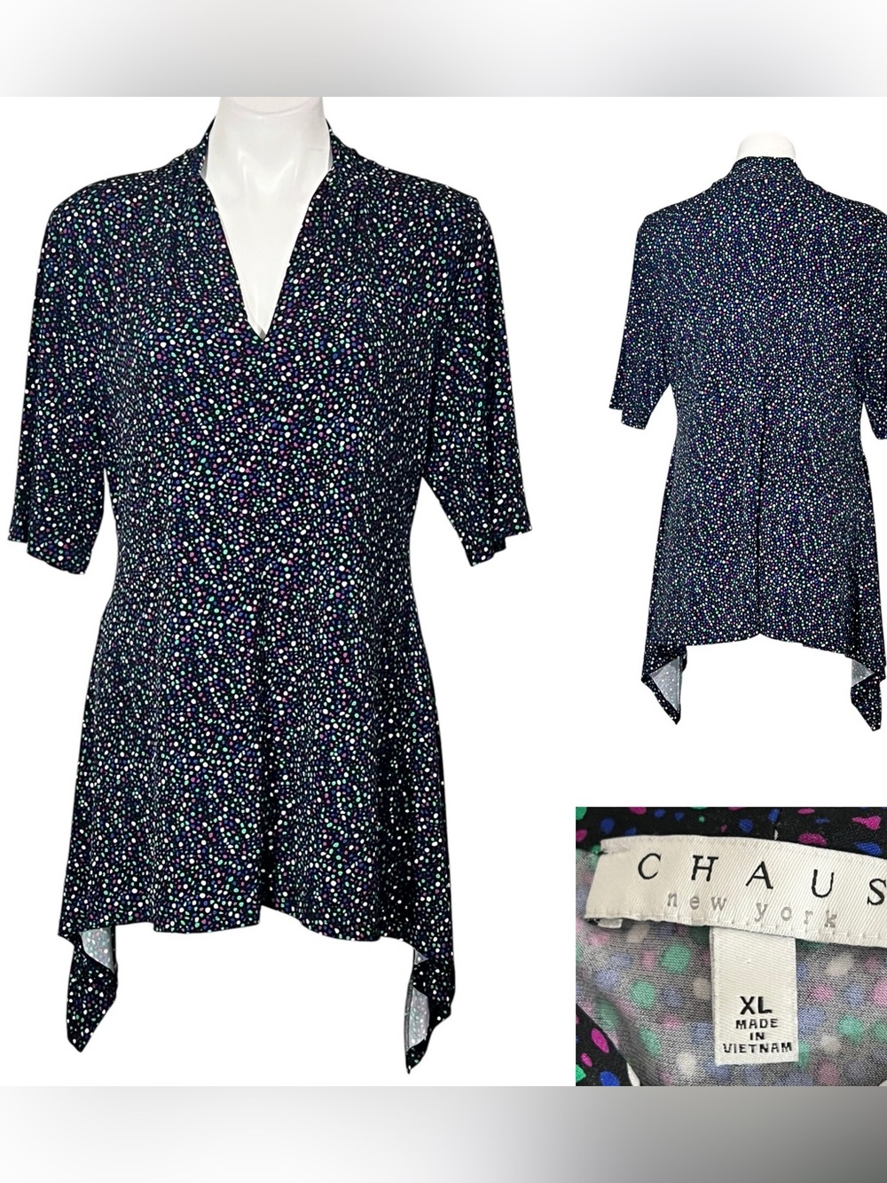 Chaus Top XL Black Multicolor Dot‎ shark bite hem short slv office fall casual